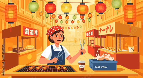 Enthusiastic Woman Cooking Takoyaki at a Vibrant Japanese Street Food Stall.