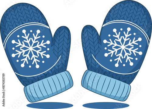 Blue winter mittens with snowflake design, knitted texture, seasonal accessory, cold weather fashion, cozy holiday wear, flat vector illustration