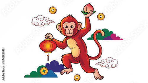 Playful Cartoon Monkey Swinging with Lanterns in a Colorful Festival Scene.