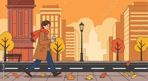 Man Walking in Autumn City with Coffee.