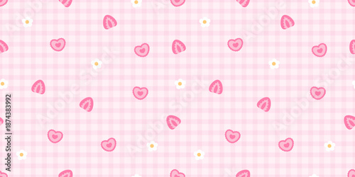 Seamless pink gingham pattern with kawaii heart cookies, strawberry slices and tiny white daisies. Sweet romantic background for Valentine wrapping paper, fabric, stationery and girly projects.