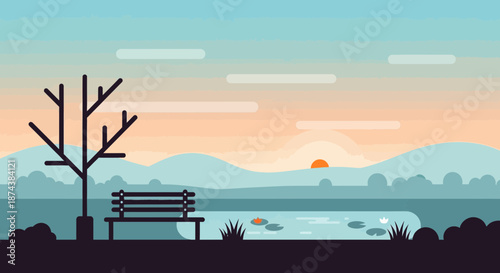 Silhouette of a Bench and Tree by a Lake at Sunset.