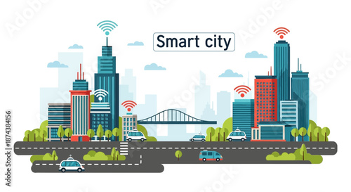 Smart Cityscape Illustration with Connected Buildings and Transportation.