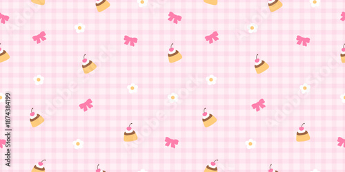 Seamless pink gingham pattern with kawaii pudding desserts, pink bows and tiny white daisies. Sweet romantic background for Valentine wrapping paper, fabric, stationery and girly projects.