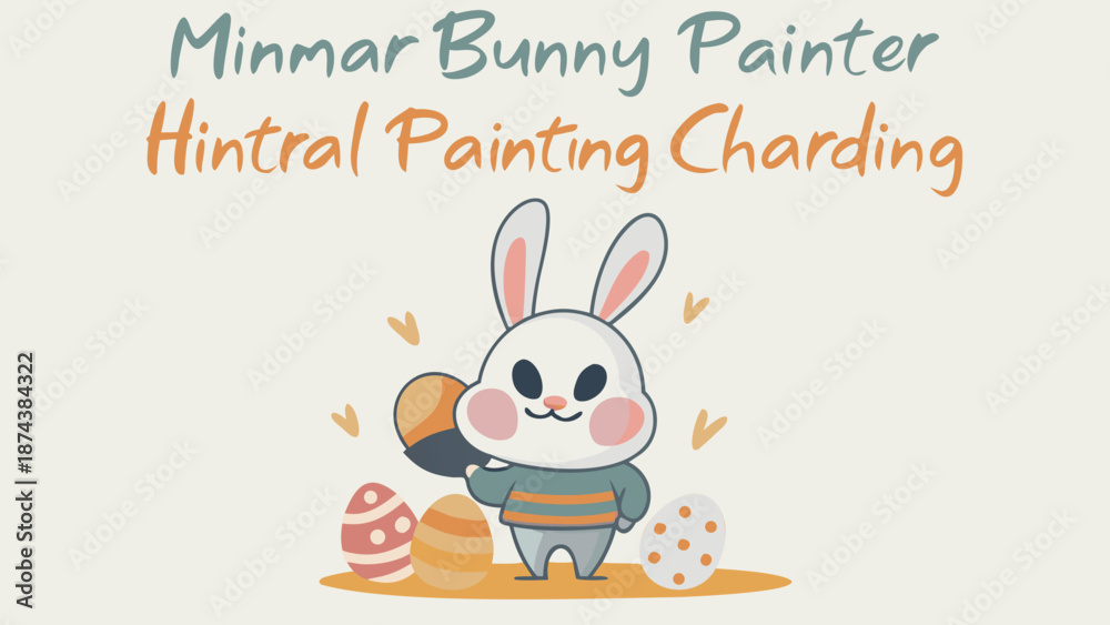 Obraz premium Cute bunny painter character holds paintbrush near decorated easter eggs on pastel background