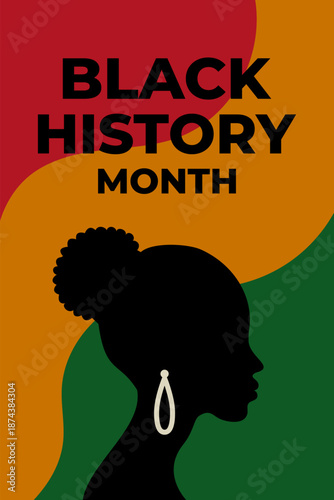 Vertical poster with elegant female silhouette for Black History Month with red, gold and green background. A bold design celebrating Black identity, feminism, empowerment and cultural awareness.