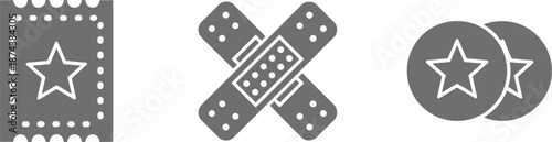 Professional grey icon set featuring a star ticket adhesive medical bandages and star reward coins for multipurpose design.