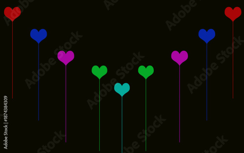 Vibrant heart-shaped balloons in red, blue, purple, and green on a black background with flowing ribbons beautifully.