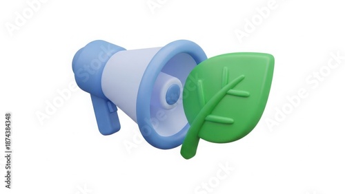 3D render of a megaphone and a green leaf. Environmental communication and eco-friendly message concept. White background with copy space