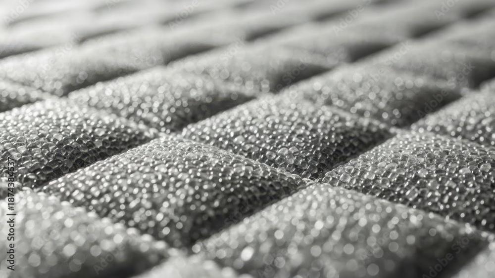 Fototapeta premium Macro close-up of a grey textured surface with granular beads. Abstract modern industrial material with a geometric quilted pattern