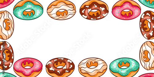 Horizontal border with assorted donut on a white background in cartoon style.