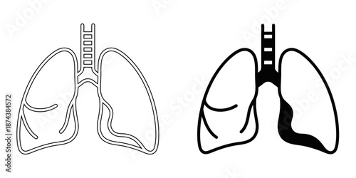 Human lungs anatomy icon with line art and solid silhouette styles, isolated vector illustration of respiratory system and pulmonary health.