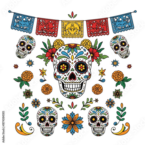 A colorful arrangement of sugar skulls and flowers