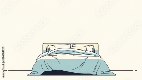 Minimalist illustration of an unmade bed in a bedroom. Simple line art concept of sleep and rest. Modern graphic with copy space for text