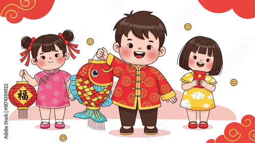 Joyful children in festive red outfits celebrating Chinese New Year with lanterns and decorations.