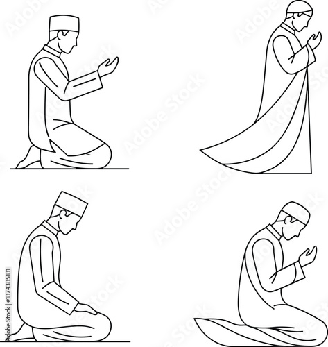 Muslim prayer line art illustration set, men performing salah in different positions, Islamic worship practice, minimal outline drawing, spiritual religious concept, 