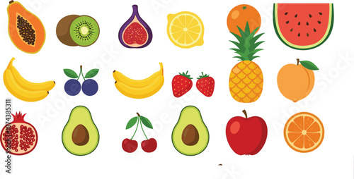 Vibrant tropical fruit illustration vector set featuring papaya, kiwi, figs, bananas, berries, pineapple, avocado, apples, and citrus slices