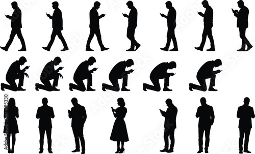 People using smartphone silhouette illustration set, men and women walking standing and crouching with mobile devices, modern digital lifestyle concept, social media addiction theme, 