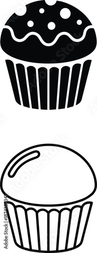 Professional icon set featuring a solid black muffin with spotted topping and a simple black outline cupcake design.