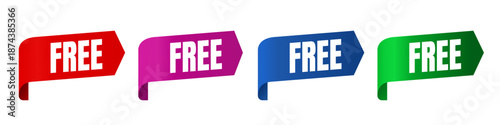 Free tag sticker set, red, purple, blue and green ribbon labels -  vector illustration