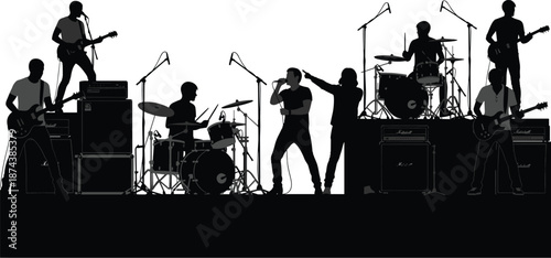 Silhouette of live rock band performing on stage with drums, guitars and microphones, concert music performance scene isolated on white background, entertainment and show conceptWeb