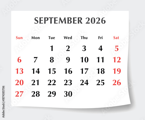 September 2026 English calendar planner. Monthly vector page Sunday start