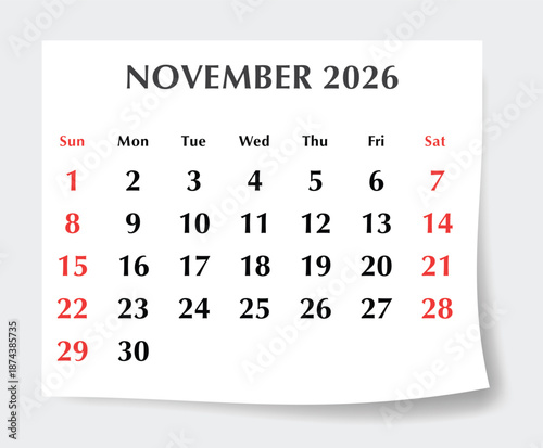November 2026 English calendar planner. Monthly vector page Sunday start