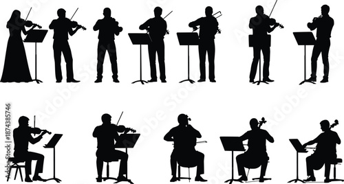 Silhouette set of musicians playing instruments and performing in band poses, music performance and entertainment collection isolated on white background, concert, rhythm and sound conceptWeb