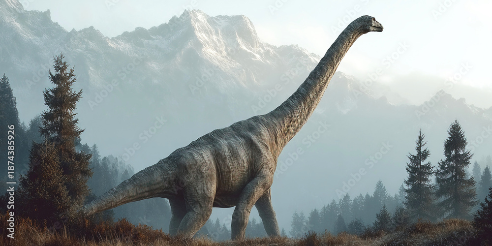 Obraz premium Glacialisaurus in a prehistoric forest with mountains in the background