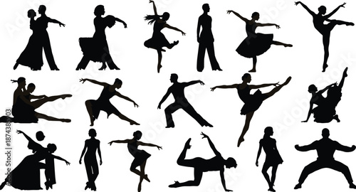 Silhouette set of people performing dance, martial arts and dynamic action poses, movement and energy activity collection isolated on white background, power, flexibility and motion conceptWeb