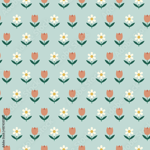 Spring seamless pattern with with tulip and chamomile. Minimalist floral background