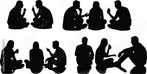 Silhouette set of people sitting and talking in groups, social interaction and communication scenes isolated on white background, friendship, discussion, teamwork and lifestyle concept