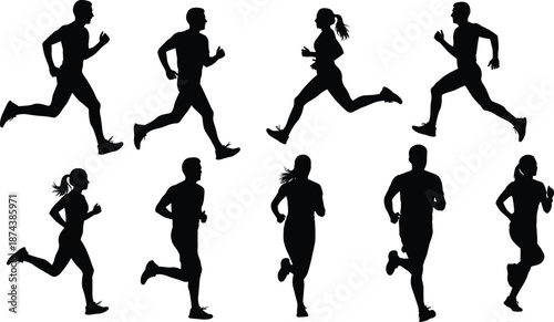 Silhouette set of people running and jogging in different motion poses, human fitness and cardio activity collection isolated on white background, speed, endurance and healthy lifestyle conceptWeb