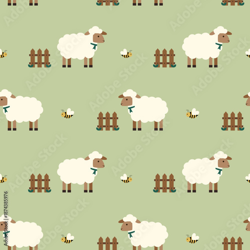 Spring seamless pattern with cute sheep and bee in pastel colors. Minimalist spring background