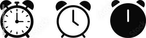 Professional alarm clock icon set featuring classic twin bell outline detailed dial and solid silhouette designs for time management.
