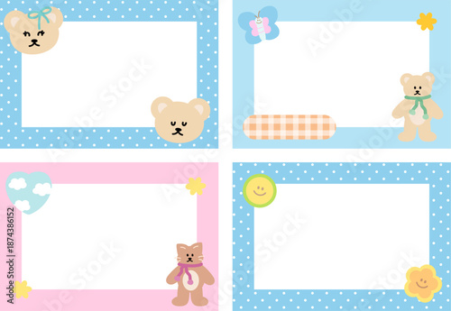 Pastel frame set with teddy bear, butterfly, cat, star, flowers, polka dot pattern for polaroid photo, rectangle ad template, social media post, decoration, notepads, sticky note, memo, animal print