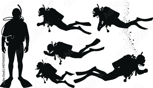 Silhouette set of scuba diver swimming and floating underwater with equipment and bubbles, professional diving poses isolated on white background, ocean adventure conceptWeb