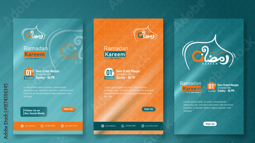 Ramadan kareem. Social media post template in green and orange portrait design for ramadan or eid