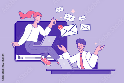 Digital email marketing concept. Business woman sending newsletter messages to man with laptop working on communication strategy.