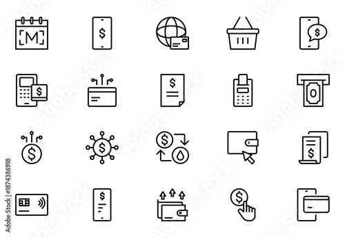 Bill and Payment Outline icon set. Containing finance related icons. bill, receipt, invoice, document, atm, cash, cryptocurrency, blockchain. Thin outline icons pack. Vector illustration