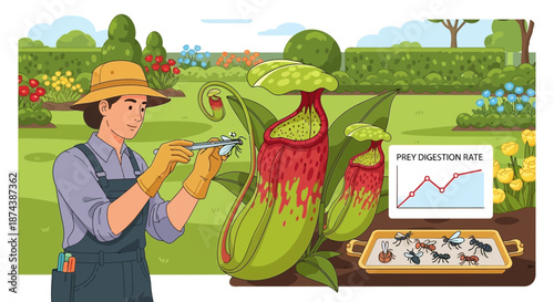 Botanist Studying Carnivorous Pitcher Plant with Insect Prey.