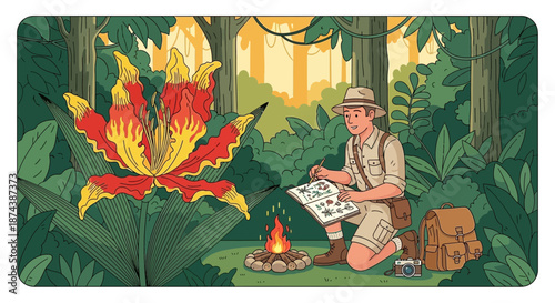 Botanist Studying Giant Flower in Jungle Illustration.