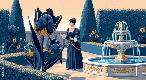 Elegant Lady in a Formal Garden with Dark Tulips.