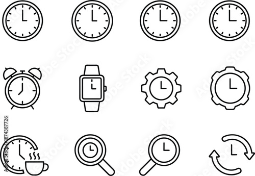 Professional time management icon set featuring smartwatches alarm clocks coffee breaks and search timers for office productivity scheduling.