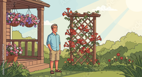 Man Standing in Garden with Flowers and Porch.