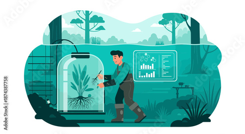Man tending to plant in futuristic greenhouse with data display.