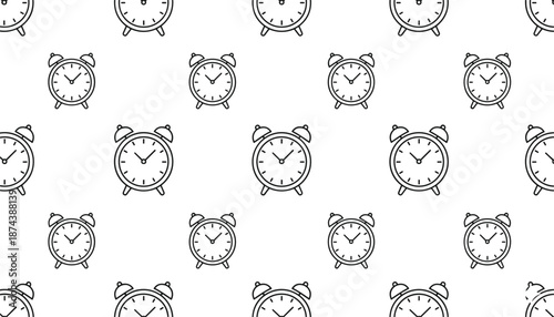 Seamless background pattern featuring black outline alarm clock icons for time management productivity and scheduled morning wake-up concepts.