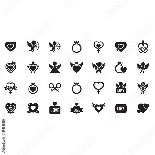 Collection of black love icons on white background.
