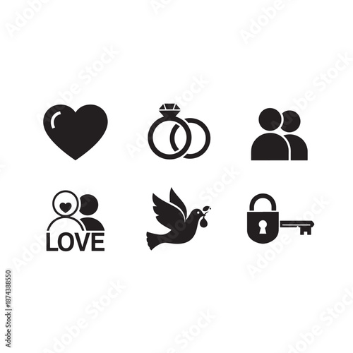 Collection of black icons representing love and relationships.