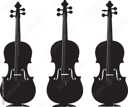 Silhouette of three violins on white background